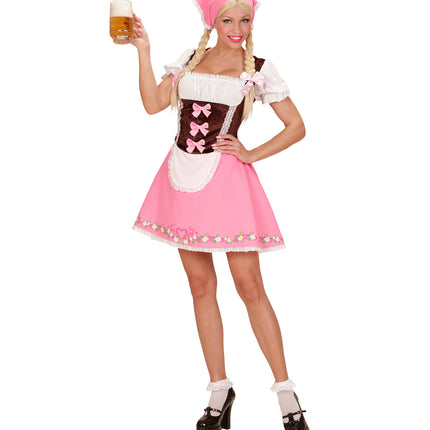 Roze dirndl jurkje met drie roze strikjes op het lijfje, gedragen met bierpul op een Beiers bierfeest