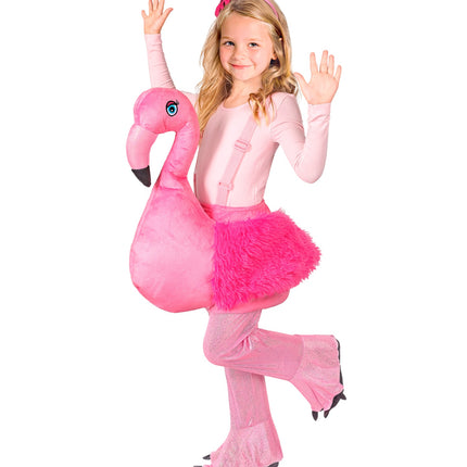 Roze flamingo ride-on kostuum meisjes van zijkant, met donkerroze langharige staart en gebogen nek