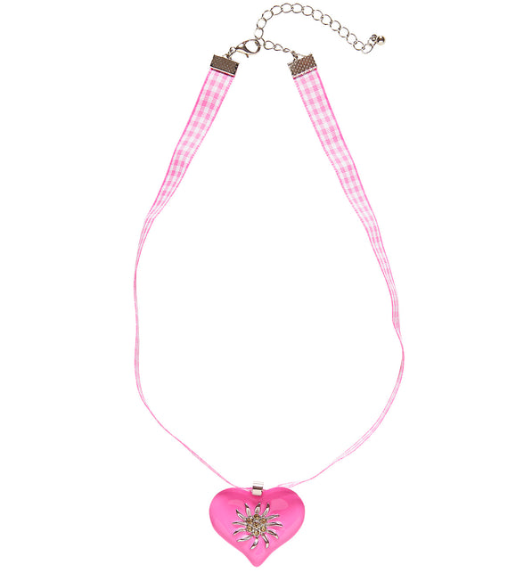 Roze hartketting met edelweiss aan roze-wit geruit lint met verlengschakel en karabijnsluiting