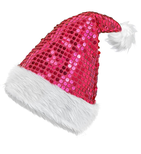Roze kerstmuts met glanzende pailletten, witte pluche rand en witte pompon aan de punt