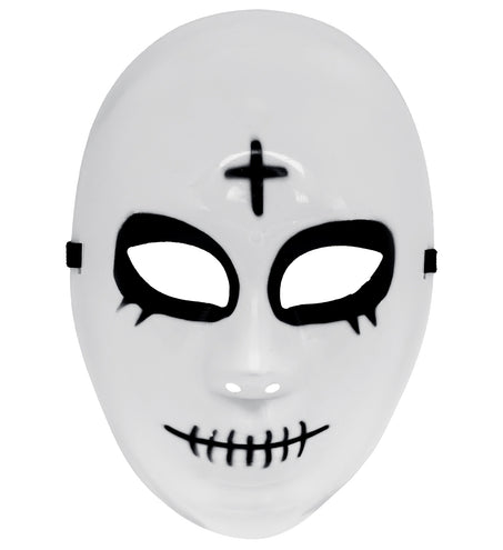 Satanisch masker wit hard kunststof met zwart omgekeerd kruis en gestikte mond, vooraanzicht
