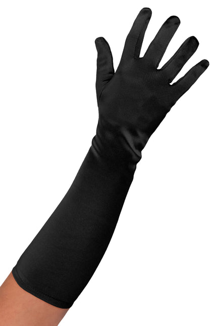 Satijnen handschoenen zwart 40 cm, glanzend model tot over de elleboog met gesloten vingers