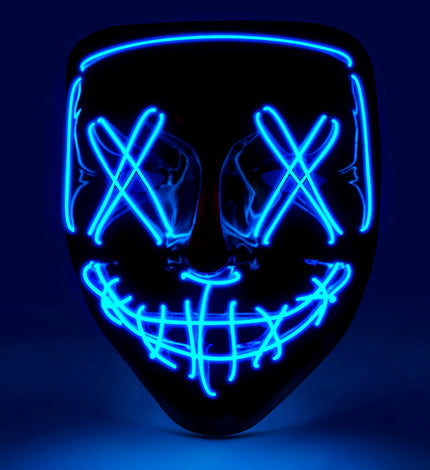 Scary masker blauw led met blauw oplichtende kruisen over de ogen en grijnsmond, zwart gezichtsmasker