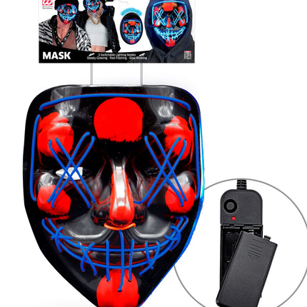 Scary masker blauw led in verpakking met losse batterijhouder voor 2 AA batterijen