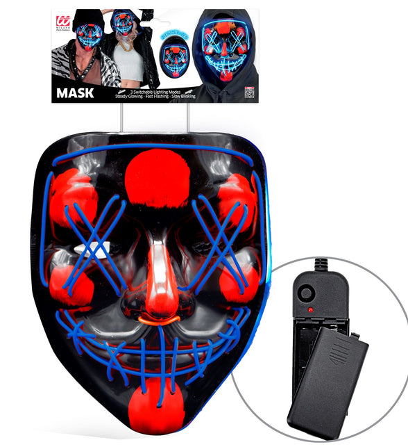 Scary masker blauw led in verpakking met losse batterijhouder voor 2 AA batterijen