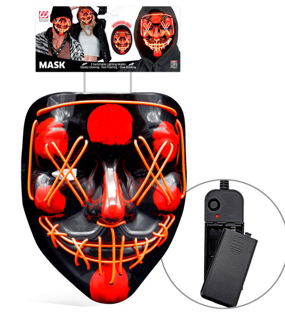 Scary masker rood led in verpakking van Widmann met batterijkastje ernaast