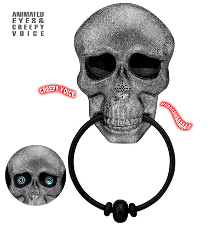 Schedel deurklopper Ruben in zilvergrijs met zwarte ring en bewegende ogen voor Halloween