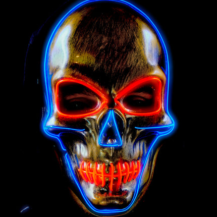 Schedel masker met ledlicht, goudkleurig reliëf met rood oplichtende oogkassen en tanden