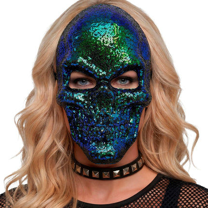 Schedel masker pailletten op dames model, blauwgroene glans over het hele gezicht