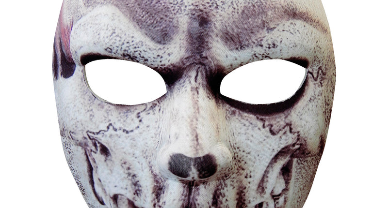 Schedel masker van stof in gebroken wit met grijze botprint en open oogopeningen voor Halloween