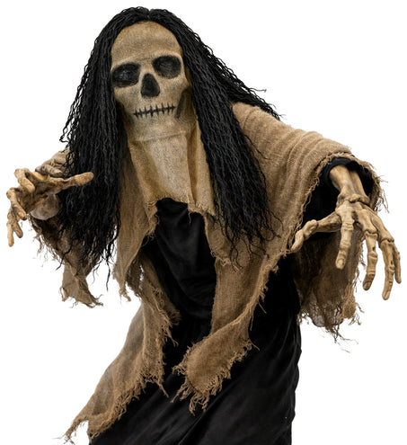 Schedelmasker met cape gedragen op Halloween, doodskop met zwart haar en gerafelde schouderlap