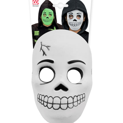 Schedelmasker voor kinderen in verpakking met glow-in-the-dark aanduiding