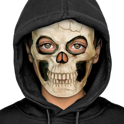 Schedelmasker op kindergezicht, halfmasker dat voorhoofd, neus en kaak bedekt