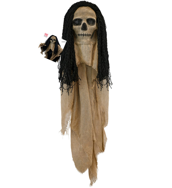 Schedelmasker met lange gerafelde cape en zwart haar, volledig uitgehangen, voor heren