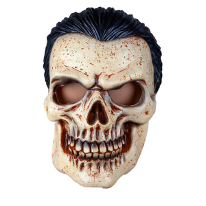 Schedelmasker met zwart haar, vooraanzicht met holle oogkassen en volledige tandenrij