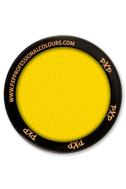 Schmink geel PXP van 10 gram, felgele waterschmink in rond zwart potje voor face- en bodypaint