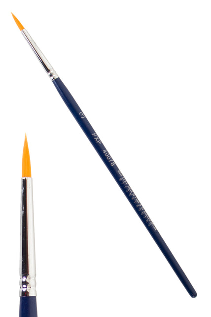Schminkpenseel PXP spits nr. 3 met opdruk PXP en artikelnummer op de blauwe steel