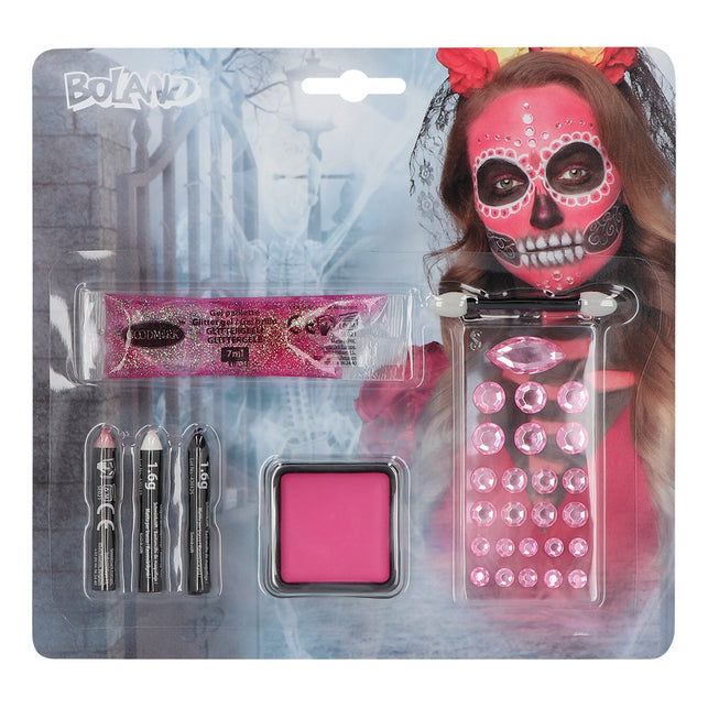 Schminkset Catrina op kaart met roze glittergel, drie schminksticks, roze vetschmink en gezichtssteentjes