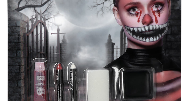 Schminkset Crazy cat van Boland op kaart met rode en witte make-up sticks, zwarte vetschmink, tube en sponsje