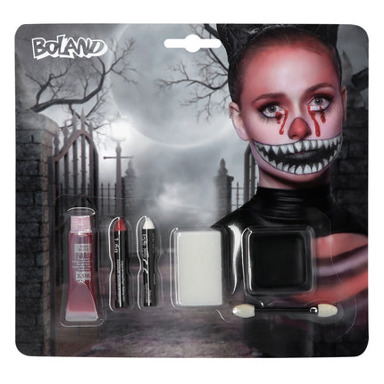 Schminkset Crazy cat van Boland op kaart met rode en witte make-up sticks, zwarte vetschmink, tube en sponsje