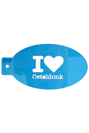 Schminksjabloon I love Oeteldonk van PXP, blauw plastic met uitgesneden hart en tekst, voor carnaval