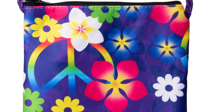 Schoudertasje flower power paars met bloemenprint, vredesteken en pluizige rand aan gevlochten koord