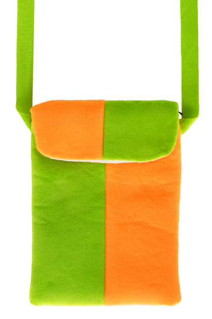 Schoudertasje oranje groen met pluche kleurvlakken, overslag met rits en lange groene schouderband