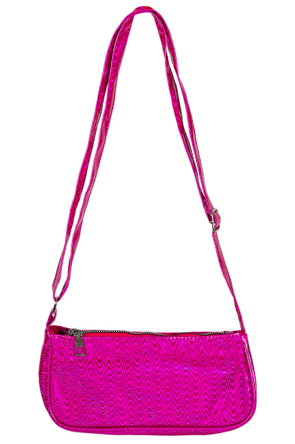 Schoudertasje slam glam roze met golvend glansdessin, rits en verstelbare schouderband