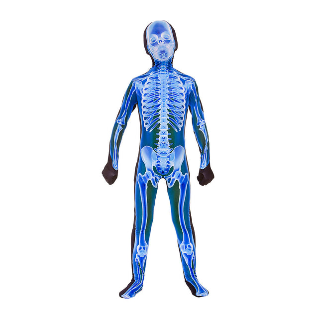 Second skin kostuum met skelet print in blauw en wit, eendelig met hoofdbedekking, voor jongens op Halloween