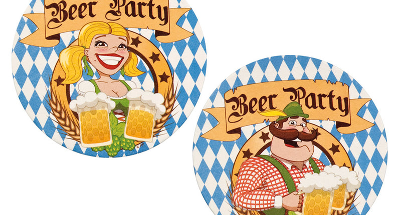 Set 10 bierviltjes Beer party met blauw-wit Beiers ruitpatroon, dirndl-dame en Beierse man met bierpullen