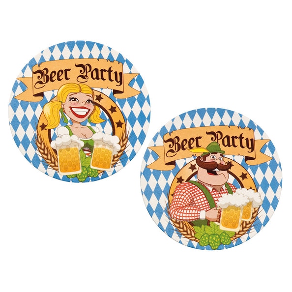 Set 10 bierviltjes Beer party met blauw-wit Beiers ruitpatroon, dirndl-dame en Beierse man met bierpullen