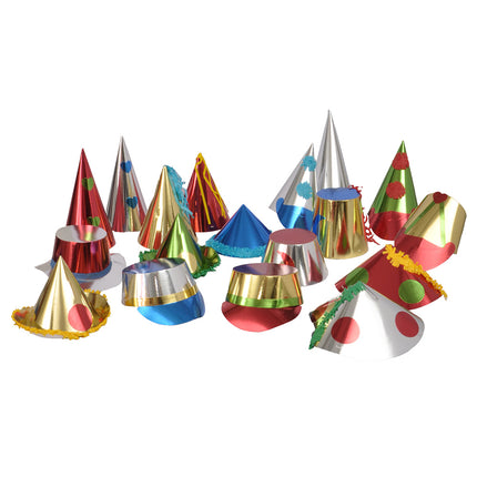 Set 36 papieren feesthoedjes multikleur met puntmutsjes en ronde hoedjes in goud, zilver en rood voor Oud en Nieuw