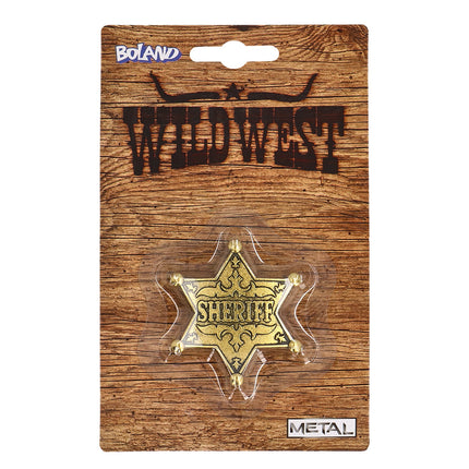 Sheriff badge van metaal in de verpakking met Wild West-opdruk op houtlook