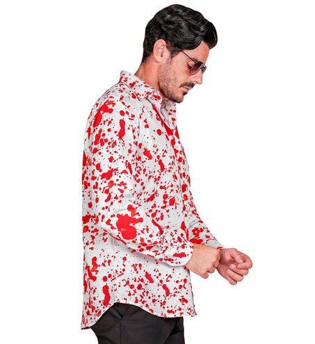 Shirt bloedspetters Erik zijkant met fijne rode spatjes over de lange mouw