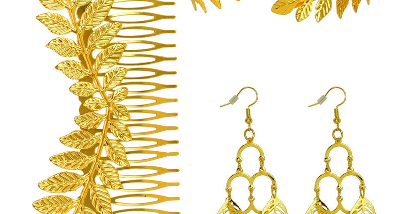 Sieradenset lauwerkrans goud met haarkam, bovenarmband en hangoorbellen met bladmotief