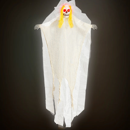 Skelet bruid hangdeco met verlichte ogen en skelethanden voor Halloween