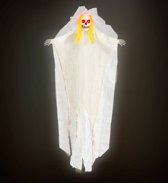 Skelet bruid hangdeco met verlichte ogen en skelethanden voor Halloween