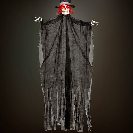 Skelet bruidegom decoratie opgehangen met oplichtende kop voor een halloweenfeest thuis