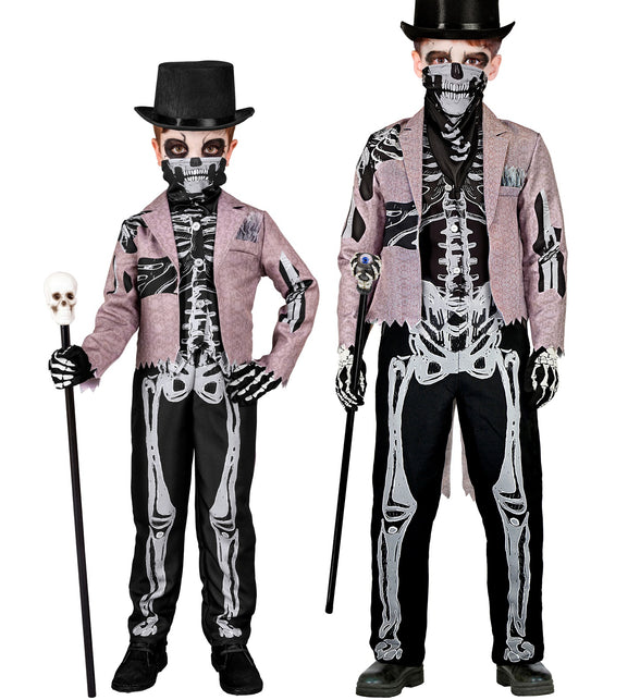 Skelet bruidegom kinderkostuum in twee maten, oudroze rokjas met bottenprint en zwarte broek voor Halloween