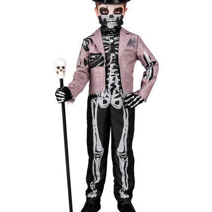 Skelet bruidegom vooraanzicht met witte ribbenkastprint op het vest en gezichtsmasker met tanden