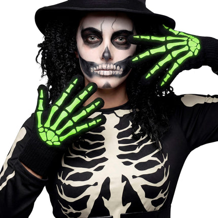 Skelet handschoenen glow-in-the-dark bij dameslook met skeletschmink en zwarte hoge hoed