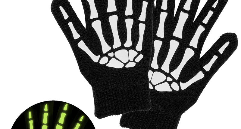 Skelet handschoenen glow-in-the-dark zwart met witte botprint en groen oplichtend detail