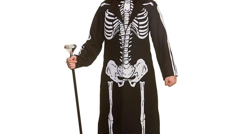 Skelet jas Spectre kind: lange zwarte jas met witte botprint, ondershirt en hoge hoed voor Halloween