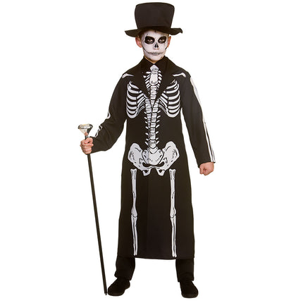 Skelet jas Spectre kind: lange zwarte jas met witte botprint, ondershirt en hoge hoed voor Halloween