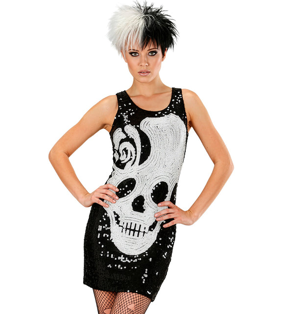 Skelet jurk Noortje met witte schedel in pailletten op zwarte jurk, mouwloos, voor Halloween