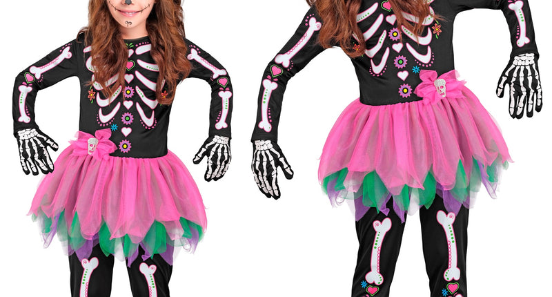 Skelet kostuum Eva met zwarte bottenprint jumpsuit en roze tutu, in twee maten voor Halloween