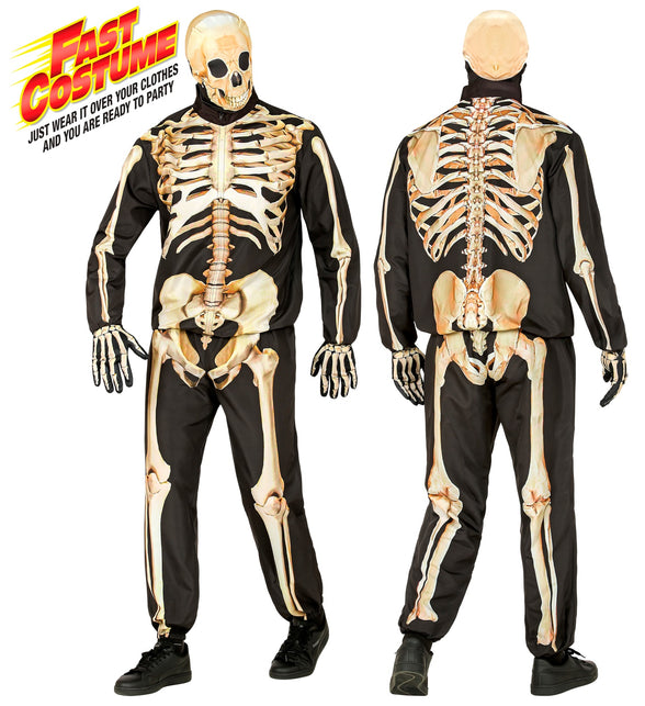 Skelet kostuum Isaack heren, zwart pak met botopdruk voor en achter, met schedelmasker voor Halloween