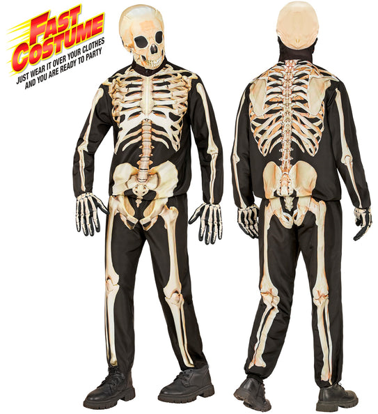 Skelet kostuum Isack kind, zwarte jas en broek met botopdruk, voor- en achterkant, voor Halloween