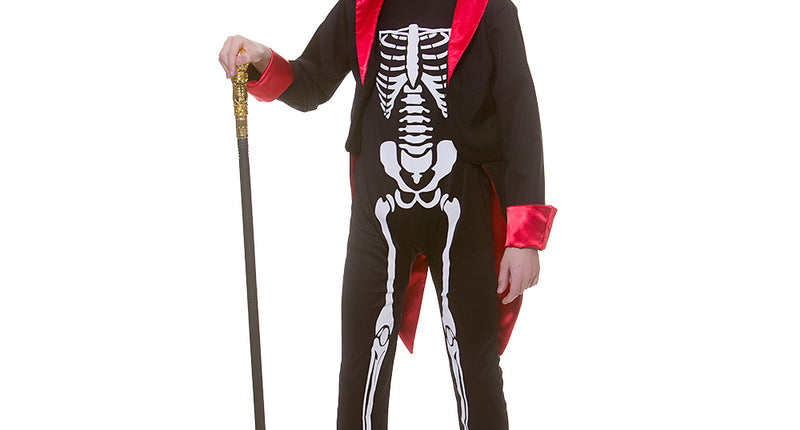 Skelet kostuum kinderen Mr. Skelebones met zwarte jumpsuit, witte botopdruk, rood gevoerde jas en hoed voor Halloween