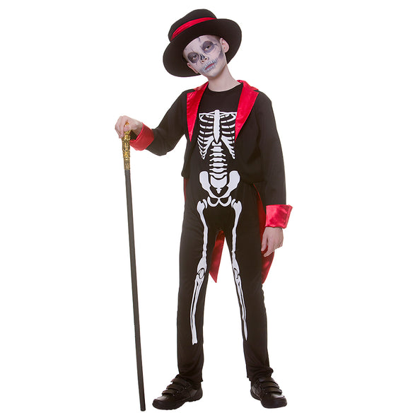 Skelet kostuum kinderen Mr. Skelebones met zwarte jumpsuit, witte botopdruk, rood gevoerde jas en hoed voor Halloween